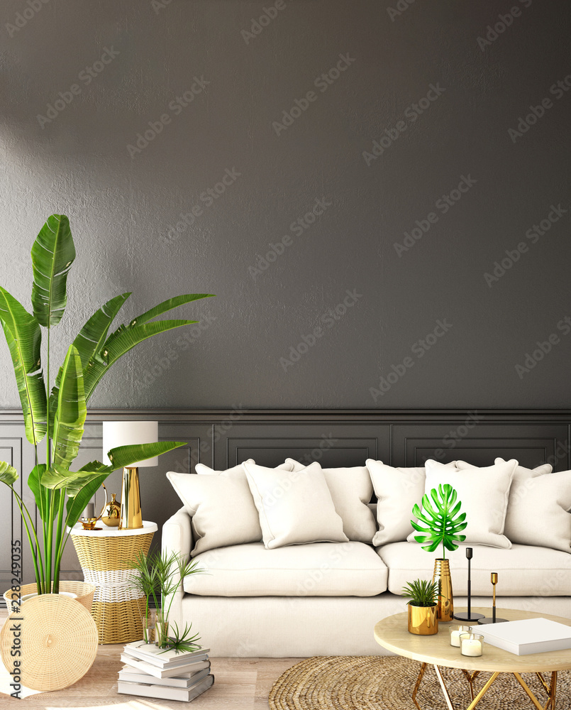 客厅或接待处的室内设计，配有沙发、植物、边桌、木地板和白色道具