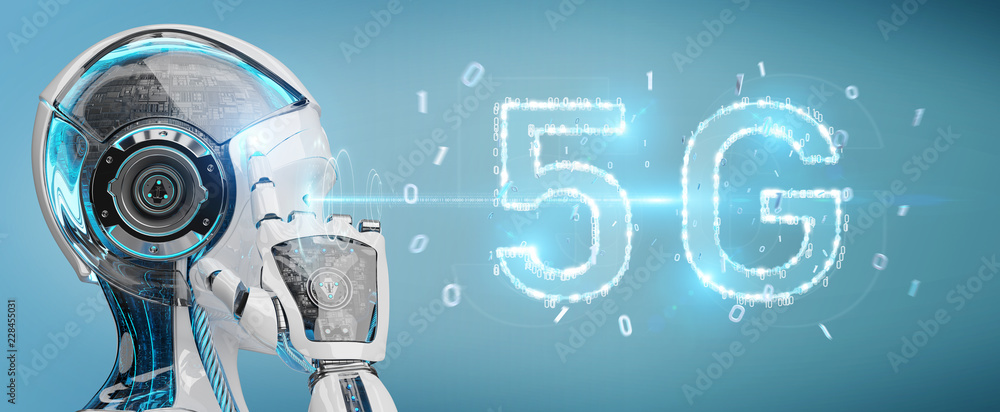 白人半机械人女性使用5G网络数字全息图3D渲染