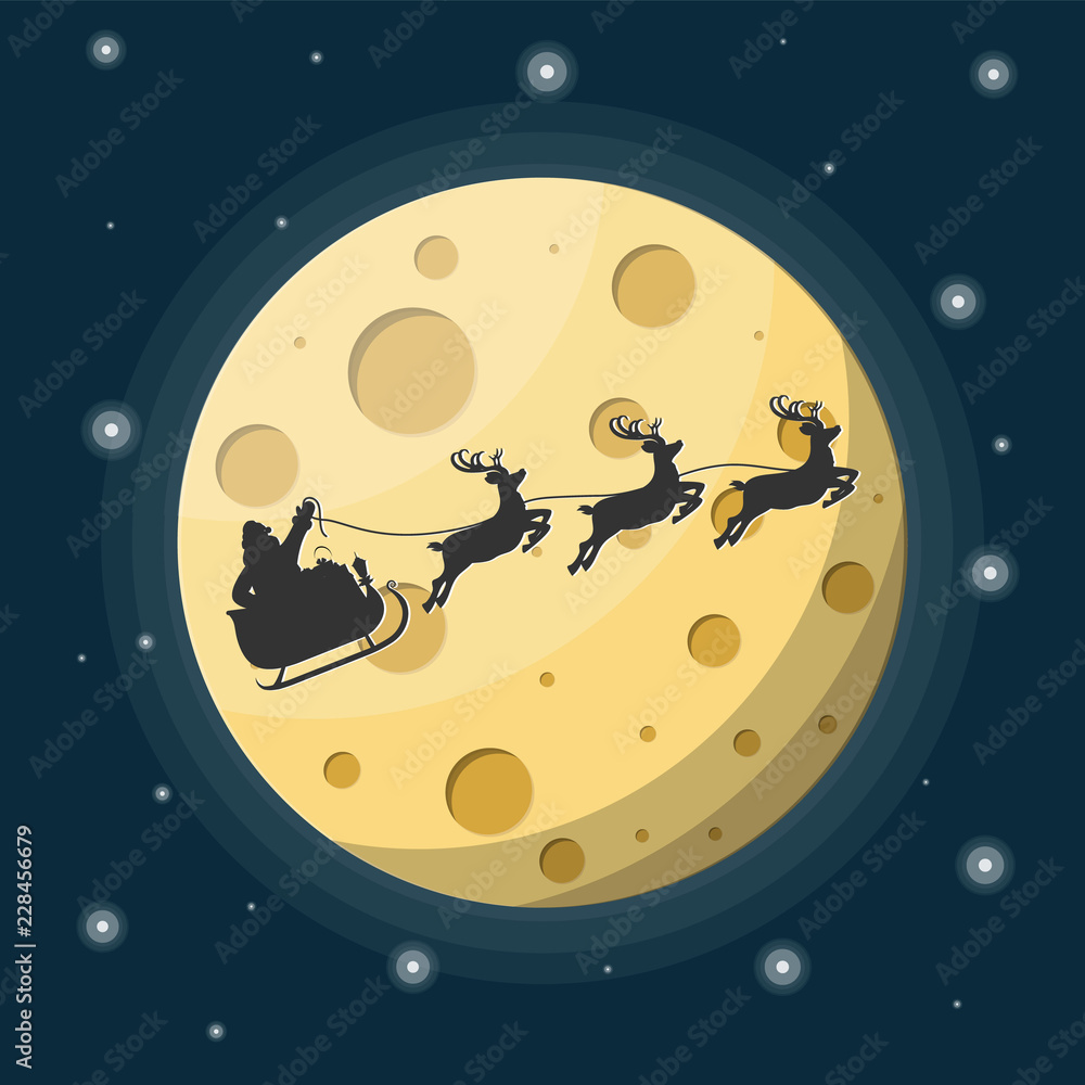 圣诞老人坐在装满礼物和驯鹿的雪橇上