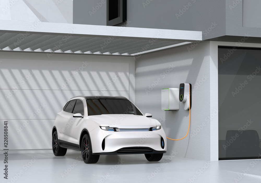 白色电动SUV在车库充电。3D渲染图。