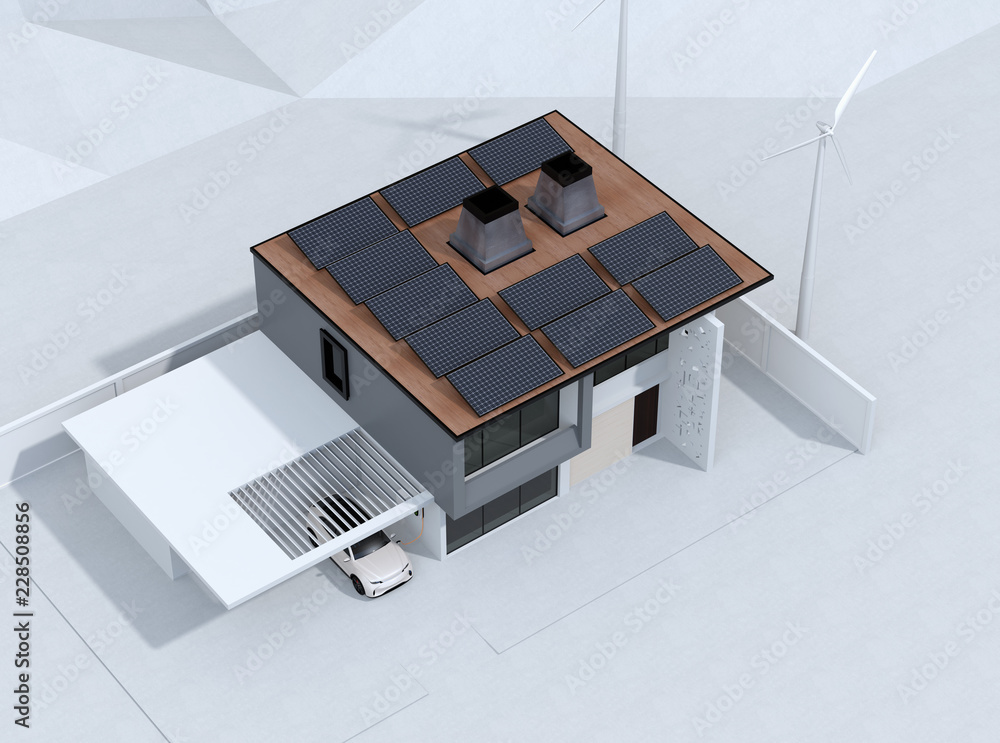 电动汽车在车库充电。由太阳能电池板和风力涡轮机供电的智能家居。3D r