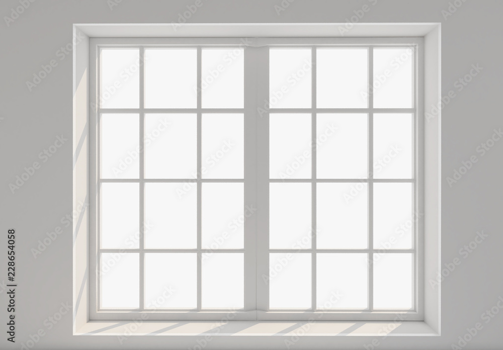 空的白色房间，有窗户和阳光。实物模型，模板。三维插图；