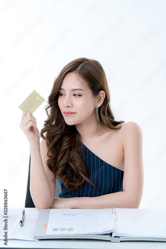 beautiful asian elegance female enjoy online shopping with credit card and smartphone business ideas