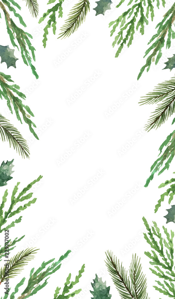 水彩矢量圣诞框架，带有冷杉树枝和文本位置。