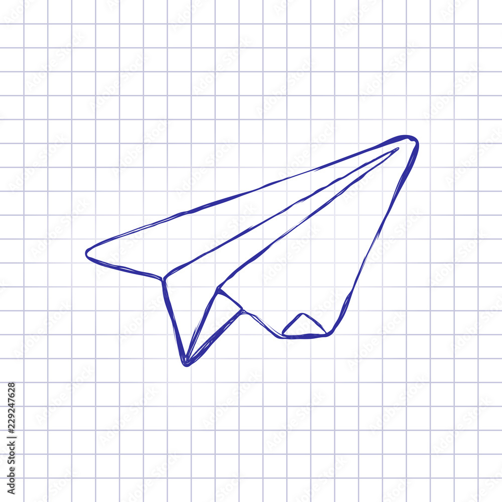 纸飞机。折纸滑翔机。纸上手绘图片。蓝色墨水，轮廓草图风格。涂鸦