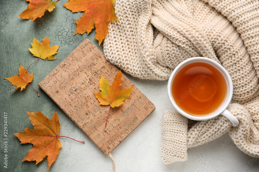 以一杯芳香的茶、温暖的毛衣、书和秋叶为背景的彩色构图