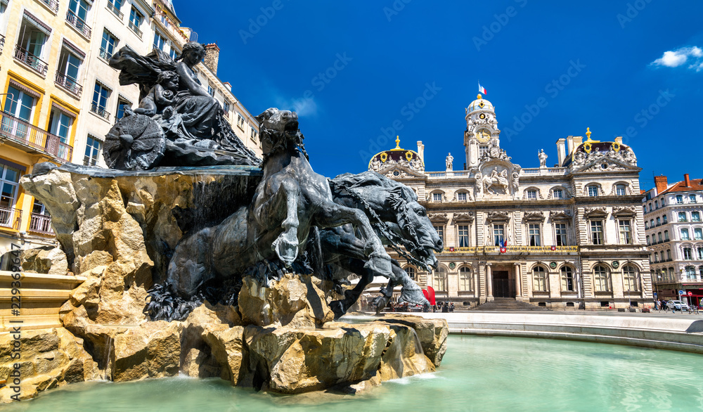 法国泰雷广场上的方丹·巴托尔迪和里昂市政厅