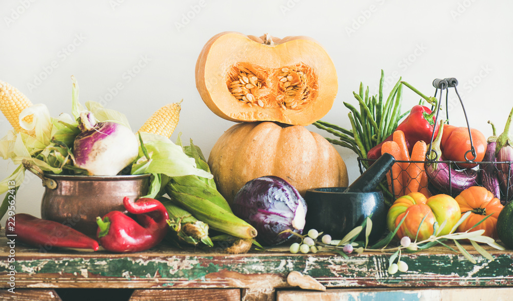 Fall vegetarian food ingredient variety. Assortment of various Autumn vegetables for healthy cooking