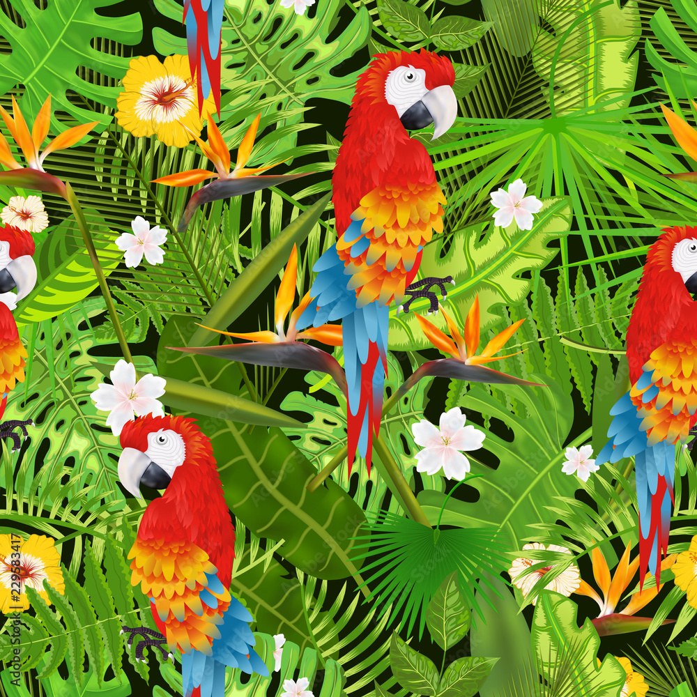 带有异国热带树叶、花朵和鹦鹉矢量插图的无缝图案