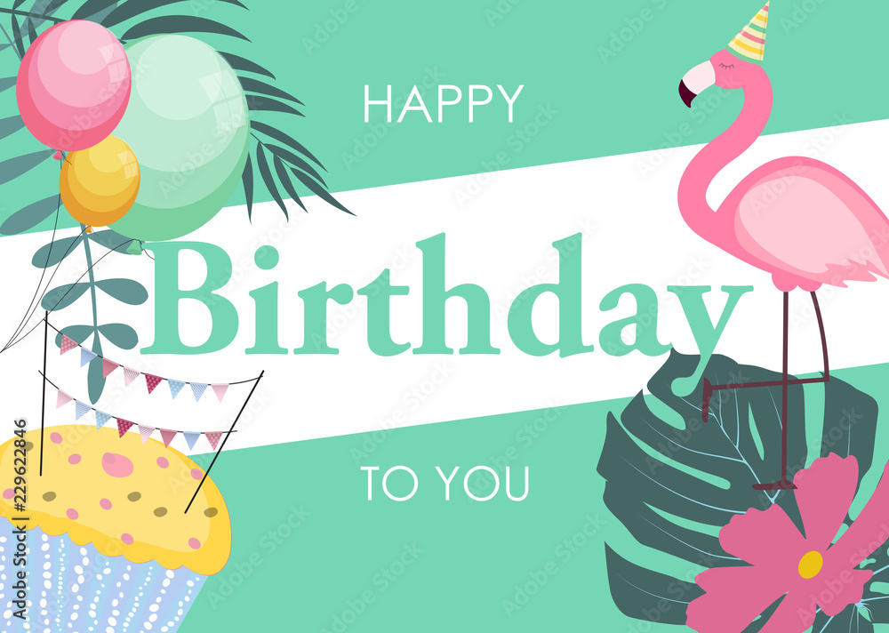 带有火烈鸟、气球和棕榈叶的生日贺卡，祝贺模板矢量插图