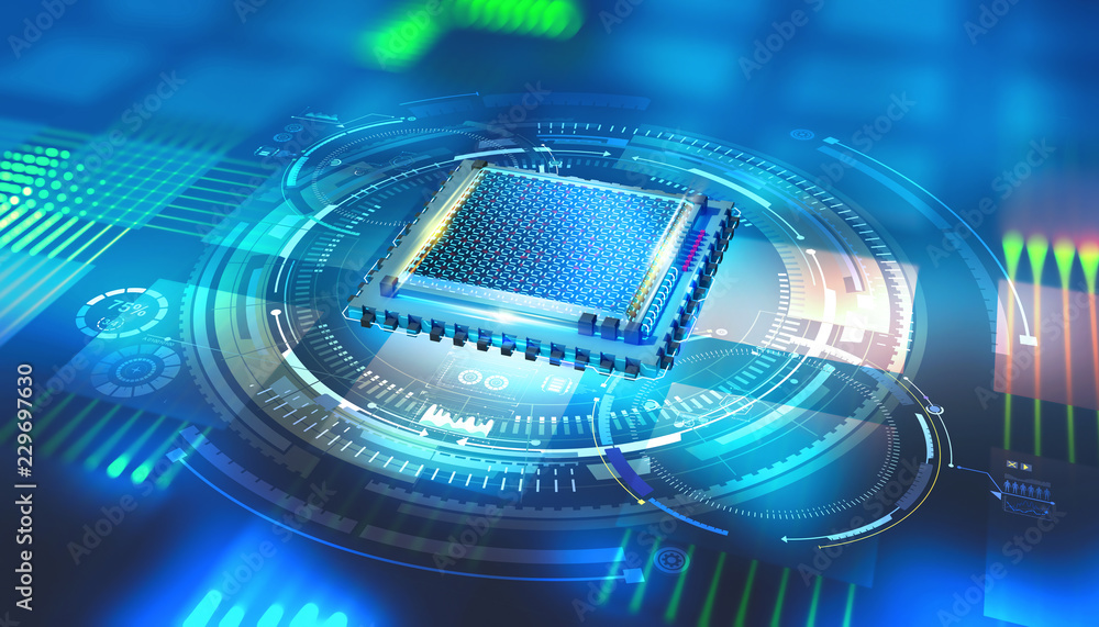 未来CPU。全球计算机网络中的量子处理器。数字网络的三维图示