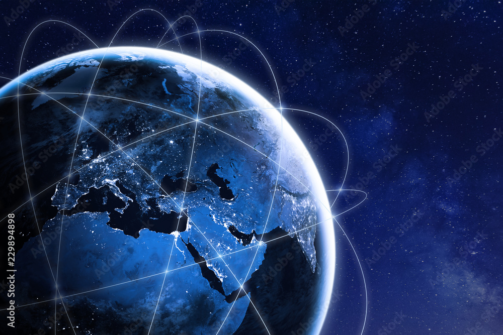 全球连接概念，全球通信网络连接线环绕Eart星球