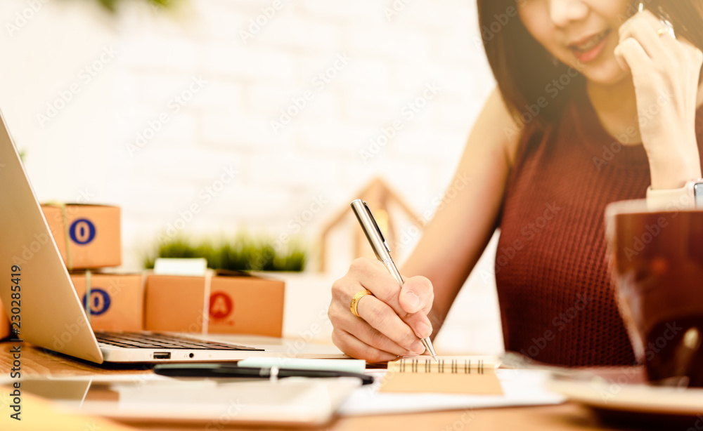 女性小企业主，创业理念，年轻企业家用笔记本电脑和sm工作