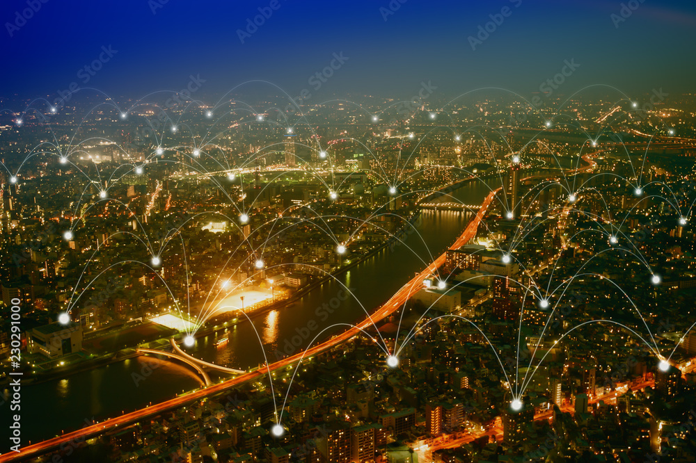 城市景观连接线、技术概念、物联网概念的蓝色高科技基调