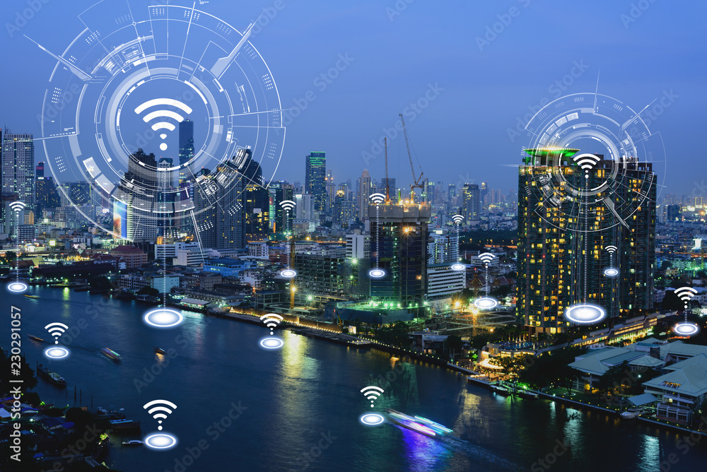 城市景观连接线的蓝色高科技色调，智能城市概念