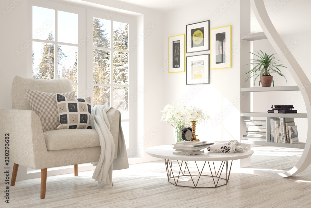 白色房间，扶手椅和窗户里的冬季景观。斯堪的纳维亚室内设计。3D插图