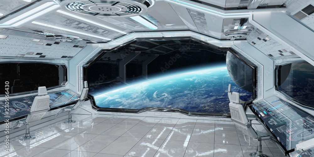 白色清洁太空船内部，地球上的视图3D渲染