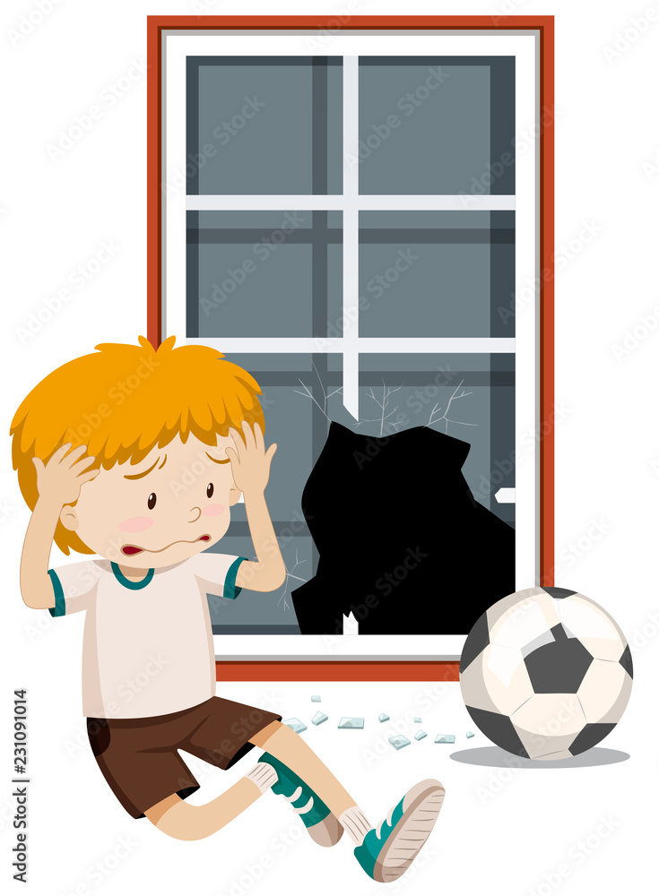 一个男孩用足球打破窗户