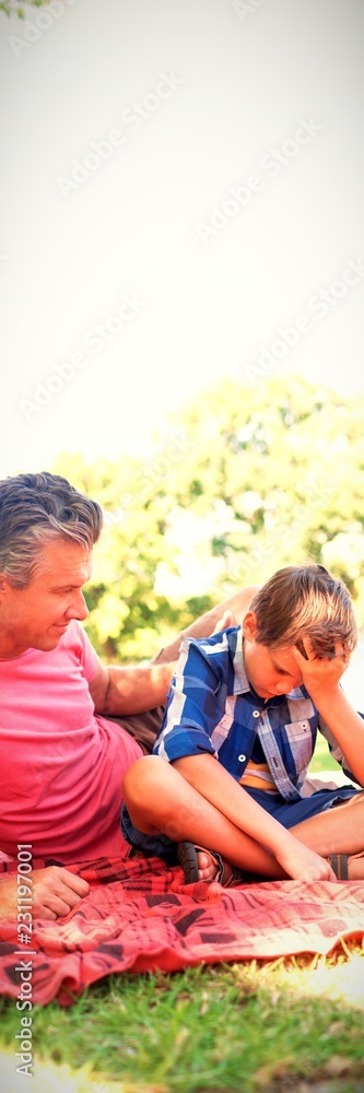 父亲在公园野餐时安慰儿子