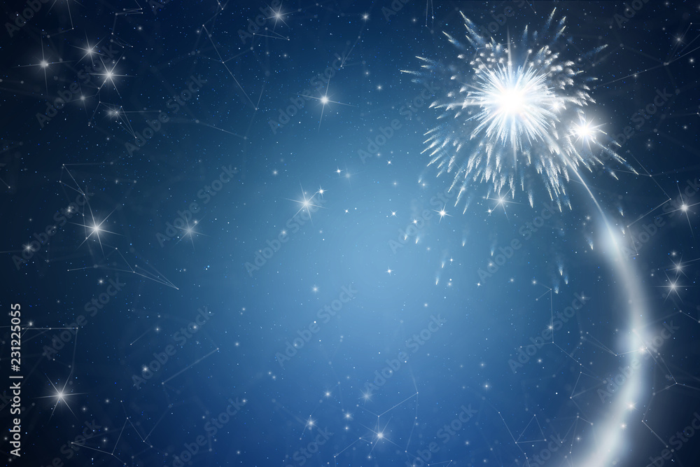 魔幻新年和圣诞节插图背景，烟花、星形。概念