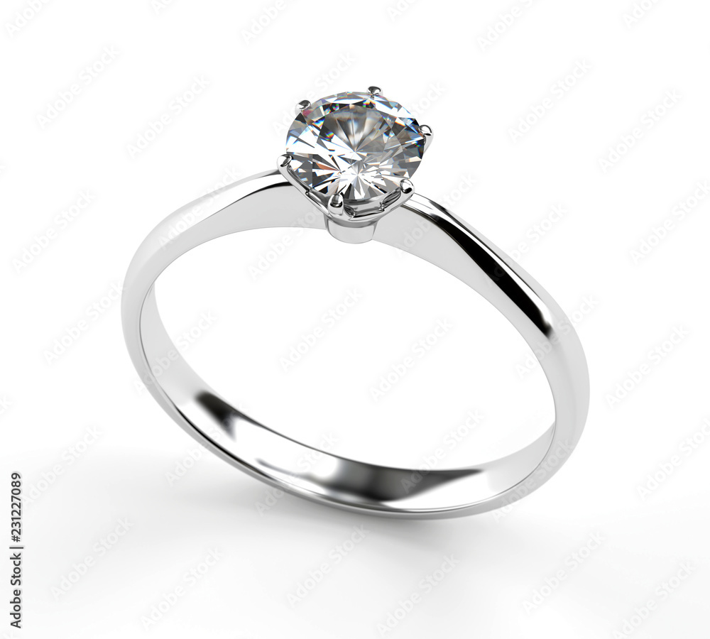 白色背景下的3D钻石戒指。
