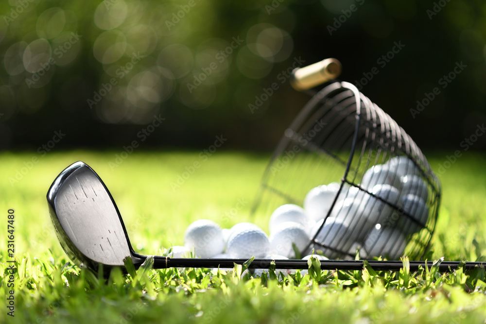 高尔夫球杆和高尔夫球在绿草上的篮子里练习