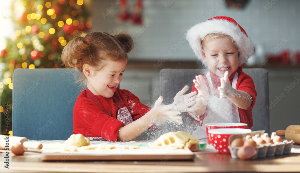 快乐的孩子们烤圣诞饼干。