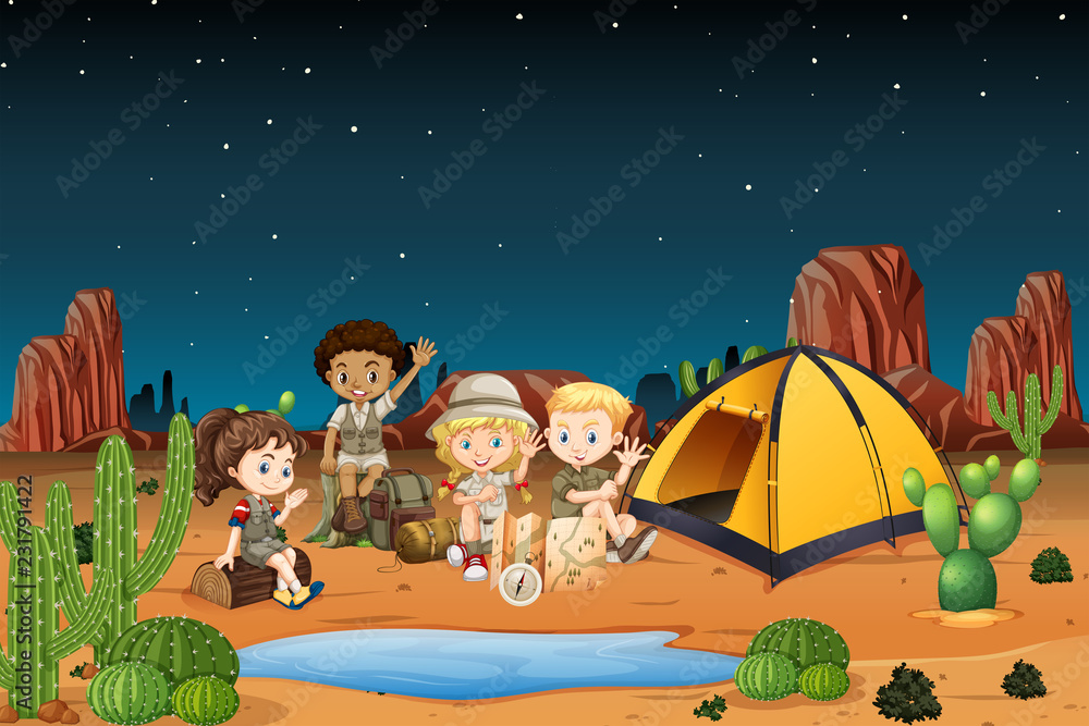 夜间在沙漠中露营儿童