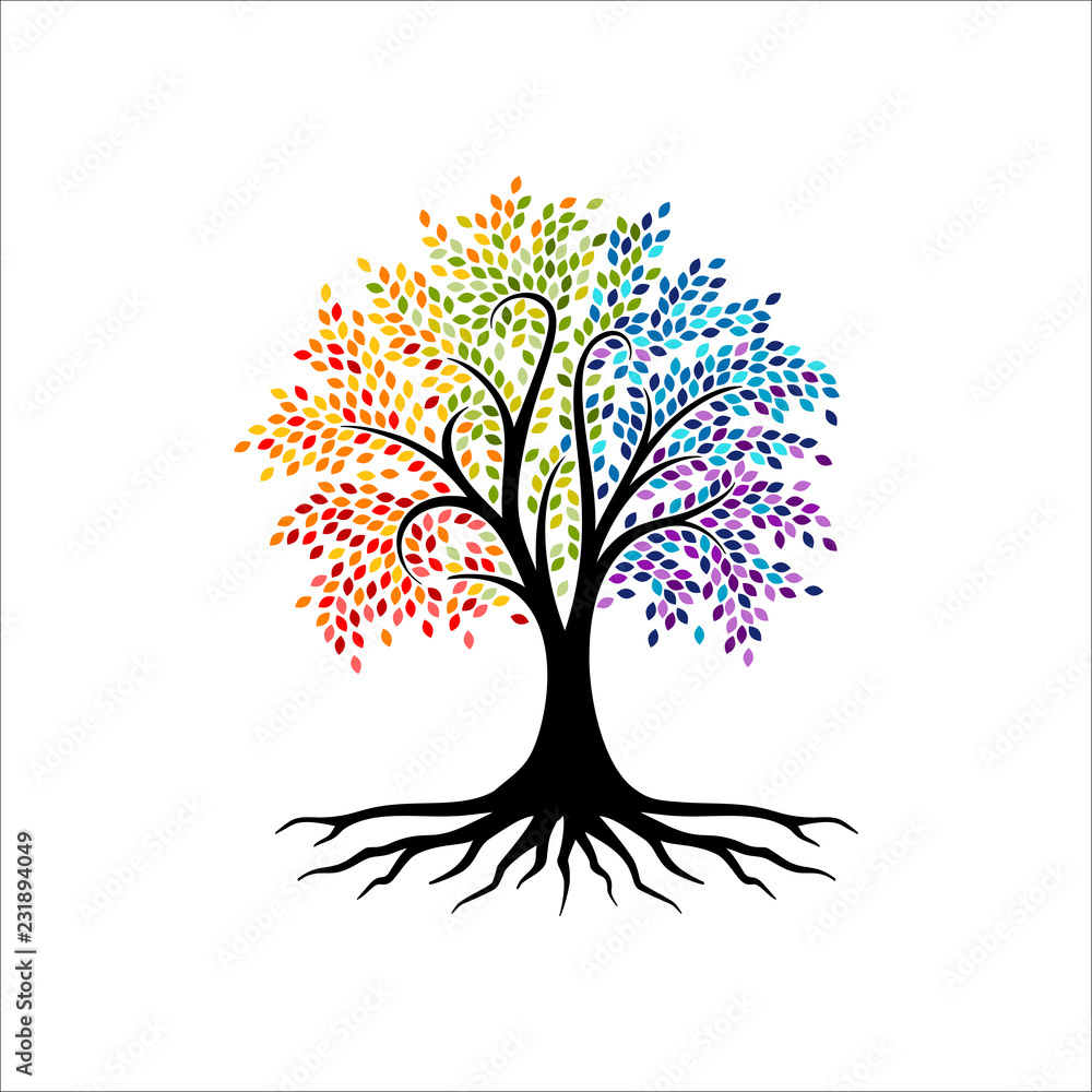 抽象的充满活力的树标志设计，根向量-生命之树标志设计灵感