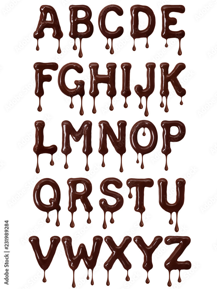 由融化的巧克力制成的拉丁字母表，具有高分辨率的水滴（第1部分。字母）