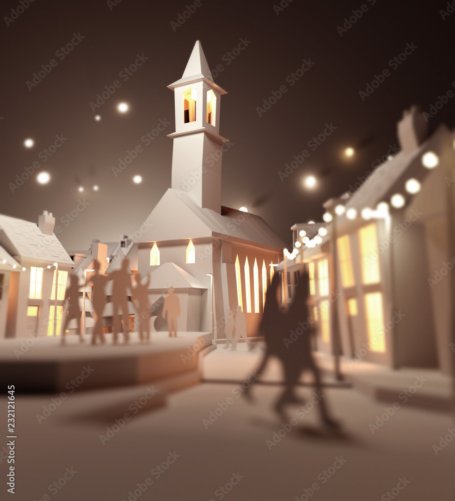 圣诞节人们聚集在镇教堂附近。纸工艺风格-3D插图