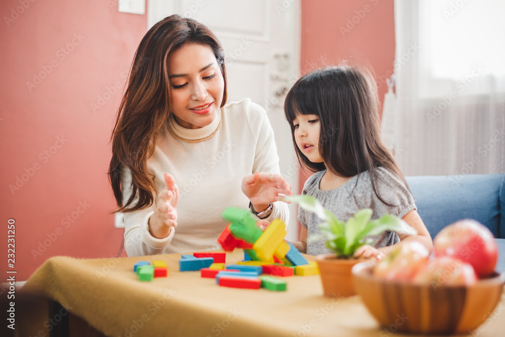 女儿和妈妈玩积木玩具，幸福的家庭理念