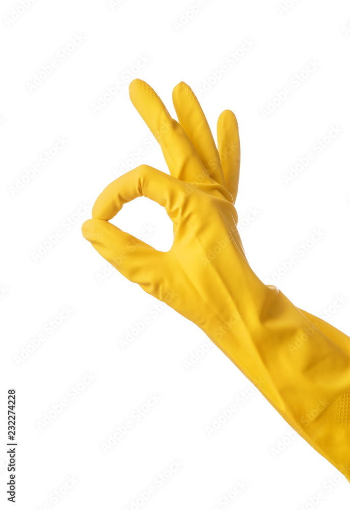 手戴橡胶手套，在白色背景上显示OK手势