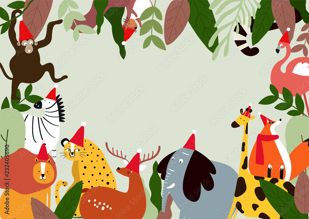 动物圣诞主题模板矢量插图