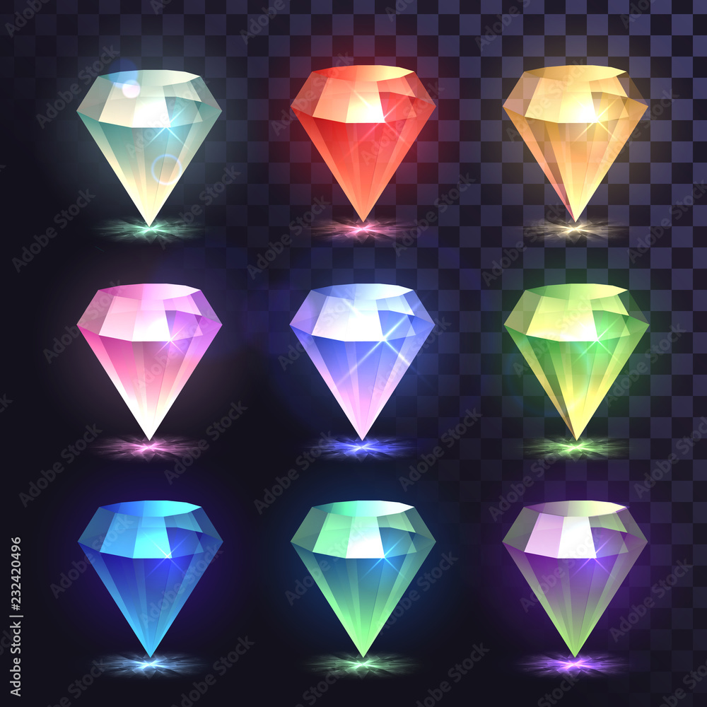 一套五颜六色的宝石。钻石，神奇发光的水晶