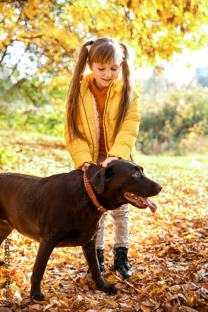可爱的小女孩带着狗在秋季公园