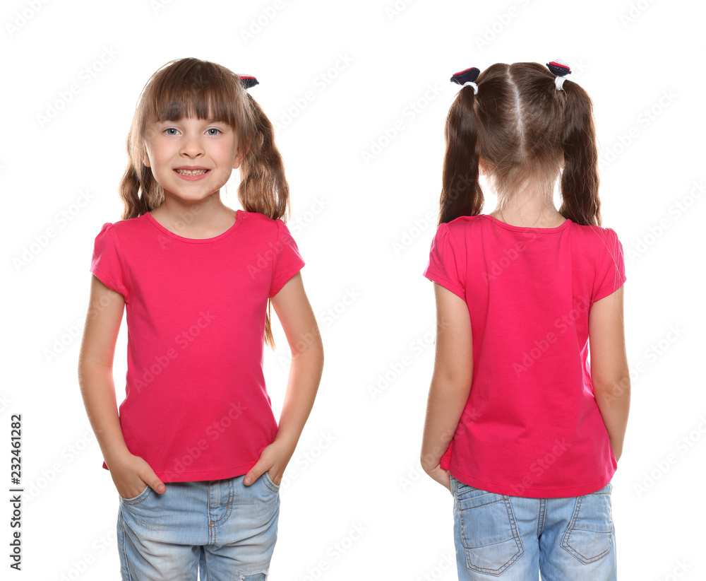 穿着白底t恤的小女孩。正面和背面视图