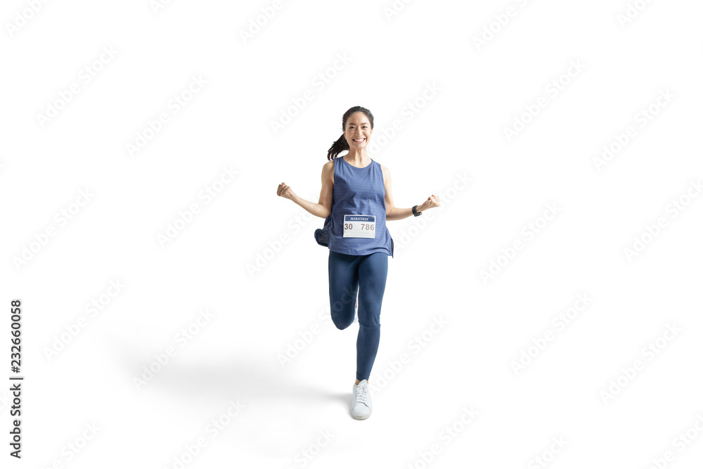 Asian women marathon studio white background. She was pretending to be glad