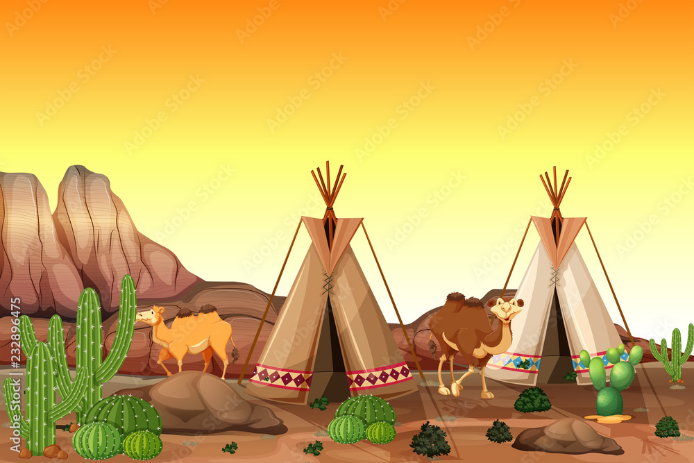 帐篷和骆驼的沙漠景象