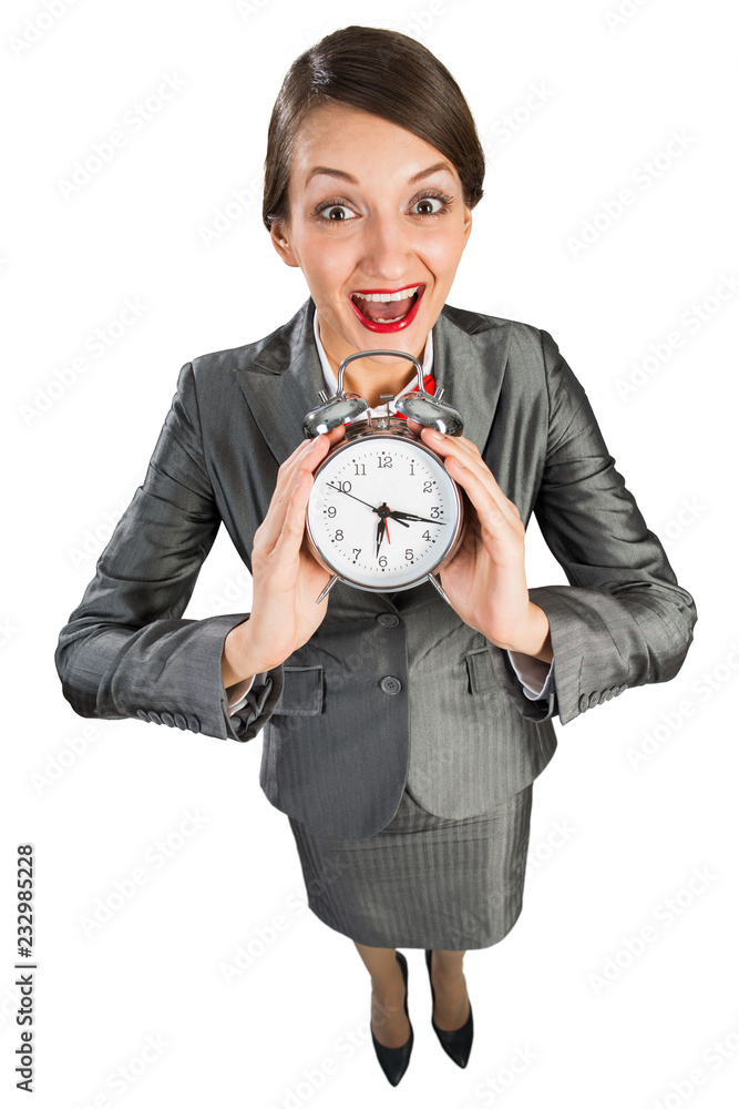 商务女士展示闹钟的时间管理理念