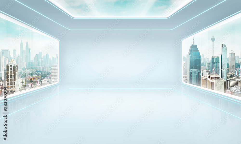 Futuristic pure white interior design of modern showroom with large windows and city urban landscape