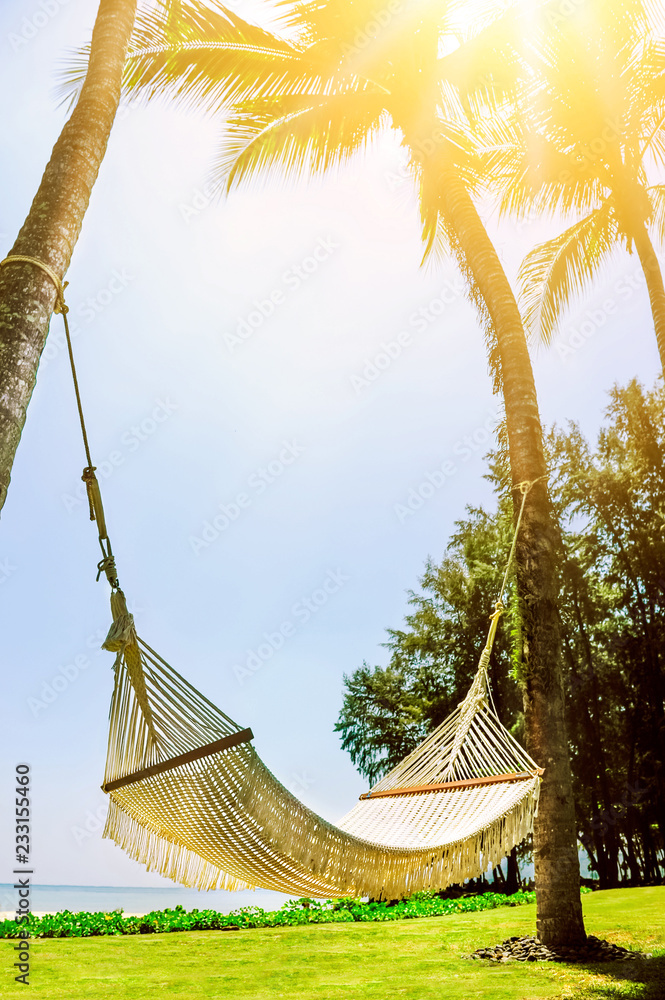 海边热带海滩上棕榈阴影下的浪漫舒适吊床