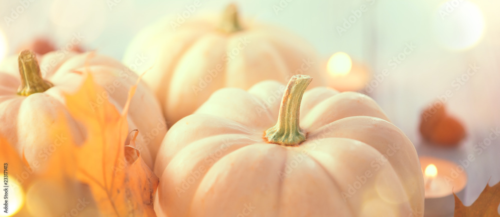 Thanksgiving background. Holiday scene. Wooden table, decorated with pumpkins, autumn leaves and can