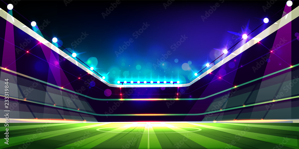 用投影仪照明的空足球场灯光卡通矢量插图。开放式屋顶体育场