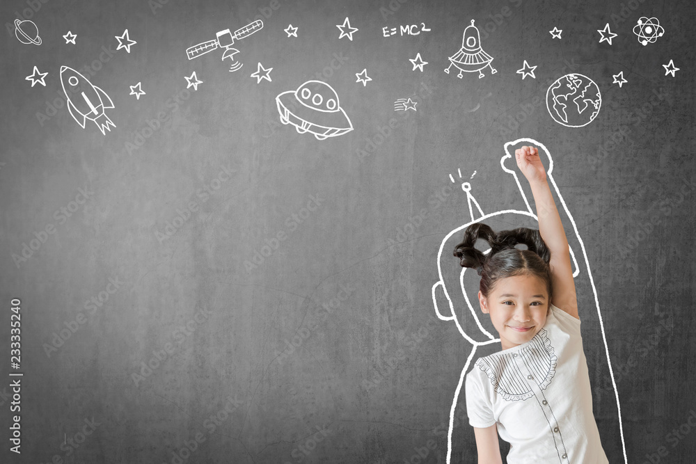孩子们在科学教育中学习灵感，女孩的想象力在老师身上涂鸦