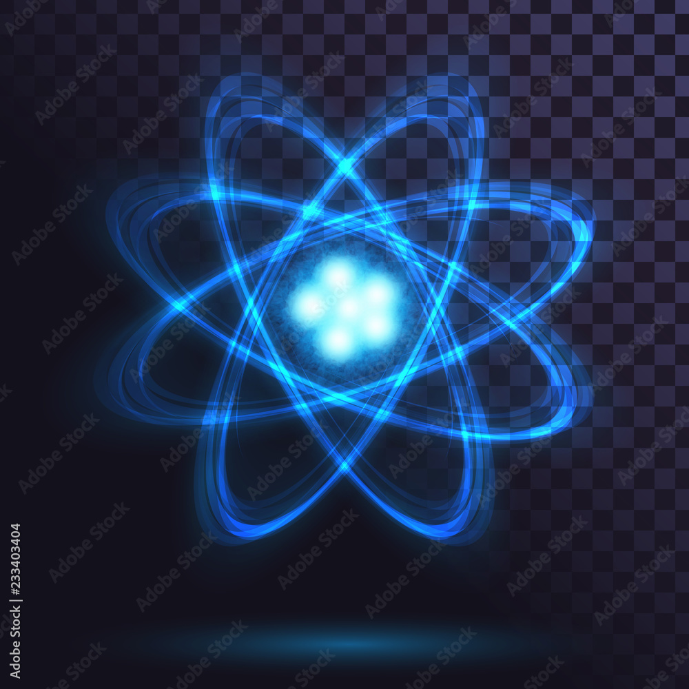 透明背景下的蓝色发光原子。科学、物理、核能