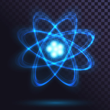 透明背景下的蓝色发光原子。科学、物理、核能