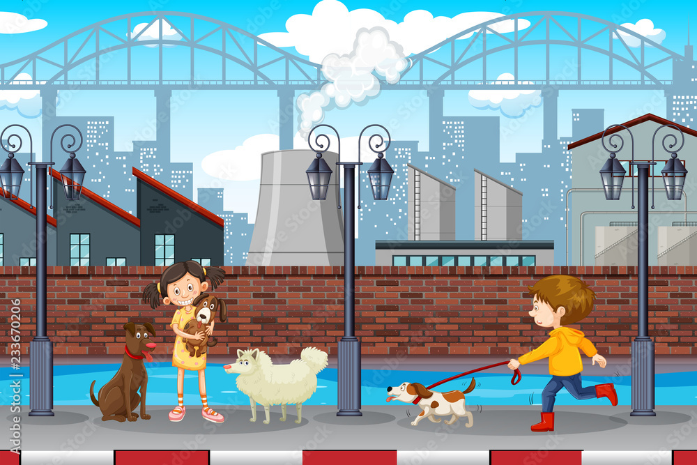 儿童和宠物城市场景