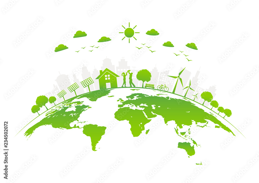 地球上绿色城市的生态友好，矢量插图