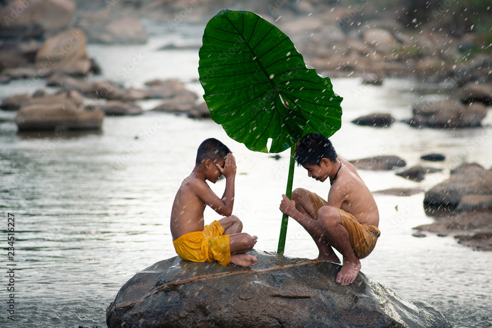 美国雨季，亚洲小男孩坐在岩石上，在荷叶下戏水